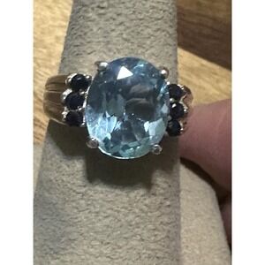CARL ART VINTAGE GENUINE SAPPHIRES BLUE TOPAZ STERLING SILVER HIGH SET RING 7